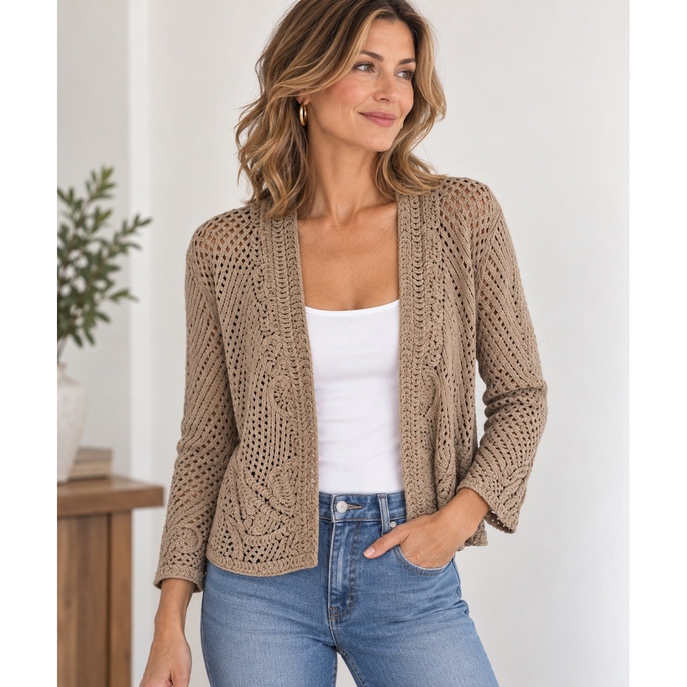Chicos Size 2 Large Taupe Open Knit Cotton Cardigan Embroidered Open Front Brown